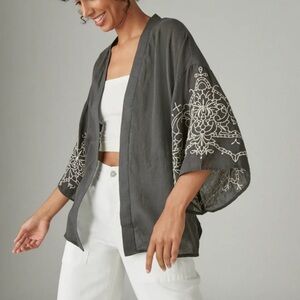 Lucky Brand Embroidered Gray Kimono Cardigan One Size